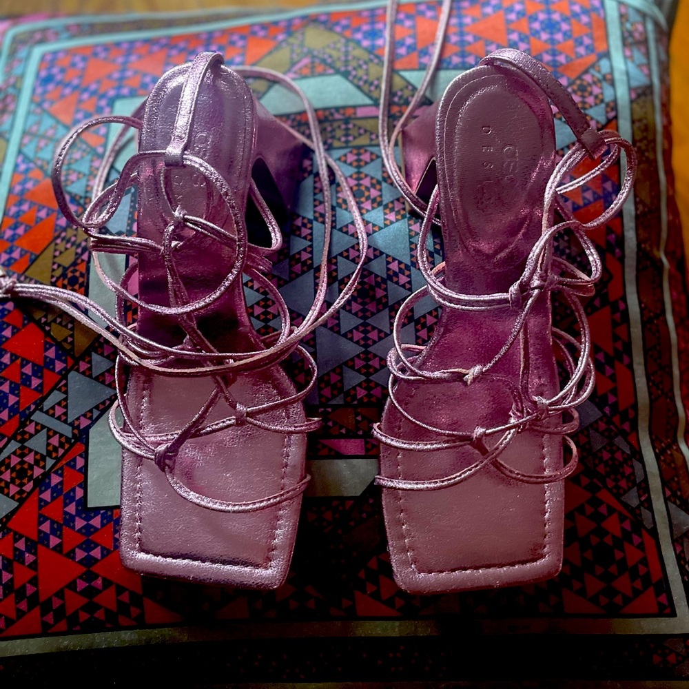 ASOS DESIGN Helene block sandals in pink metallic